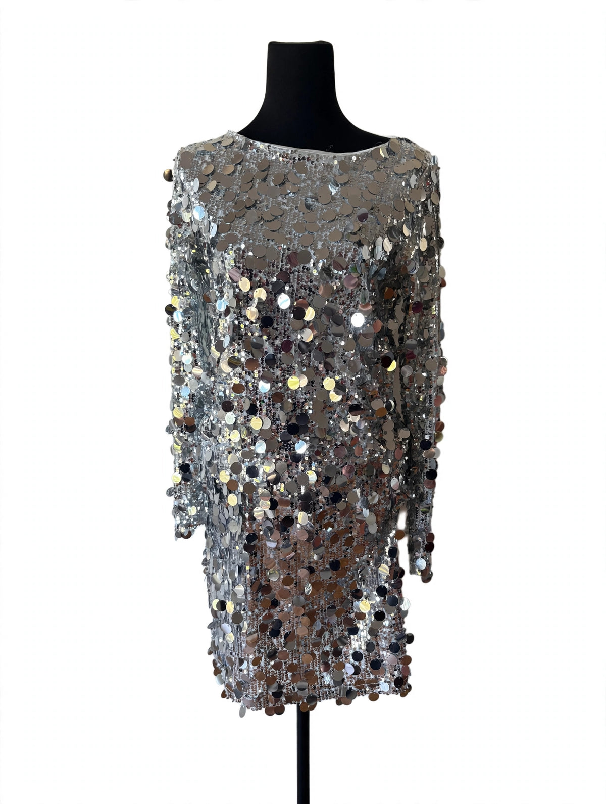 Boohoo Silver Disc Sequin Long Sleeve Mini Dress - Size 10