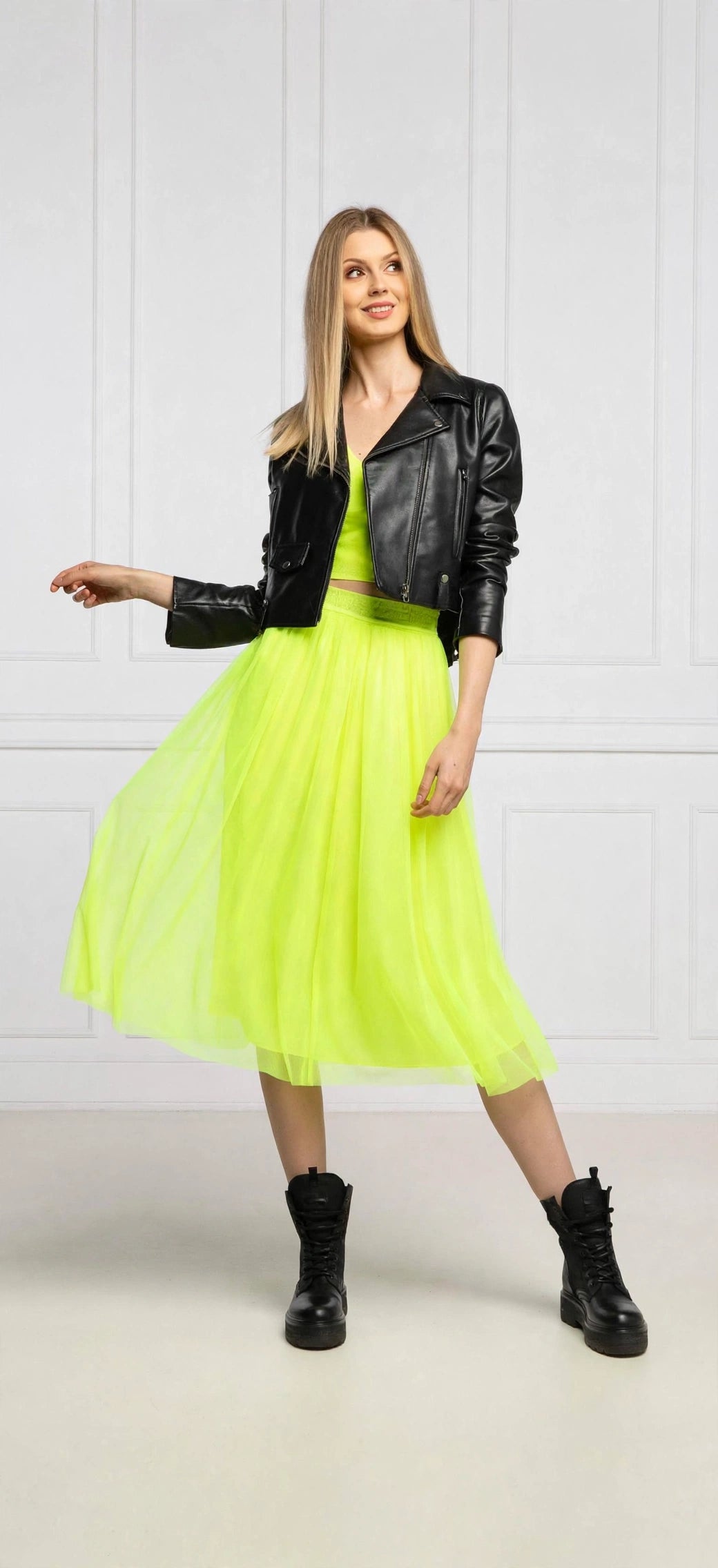 Calvin Klein Jeans Lime Tulle Midi Skirt - Neon Tulle Voluminous Skirt
