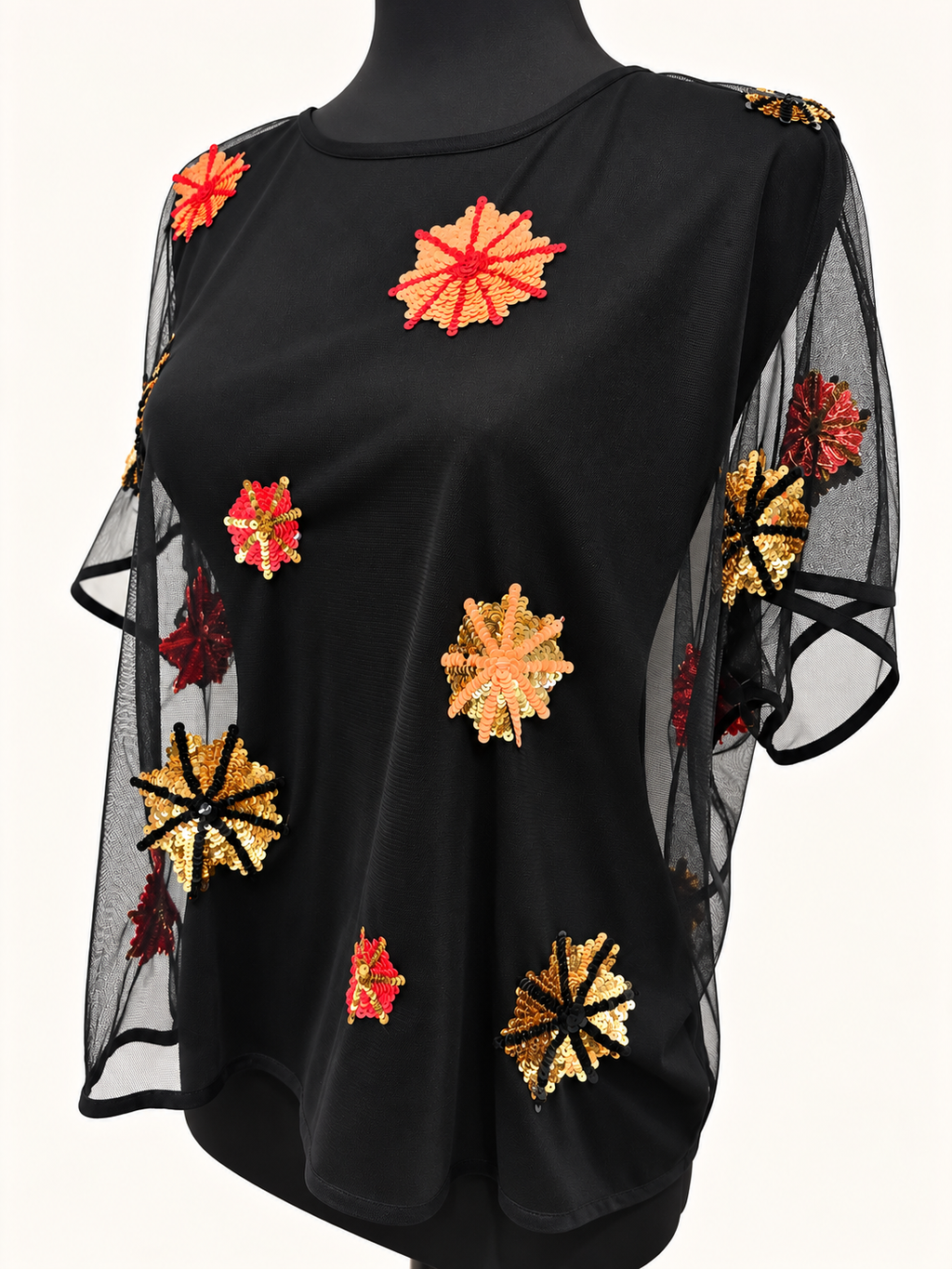 Black Sequin Starburst Mesh Top – Size M