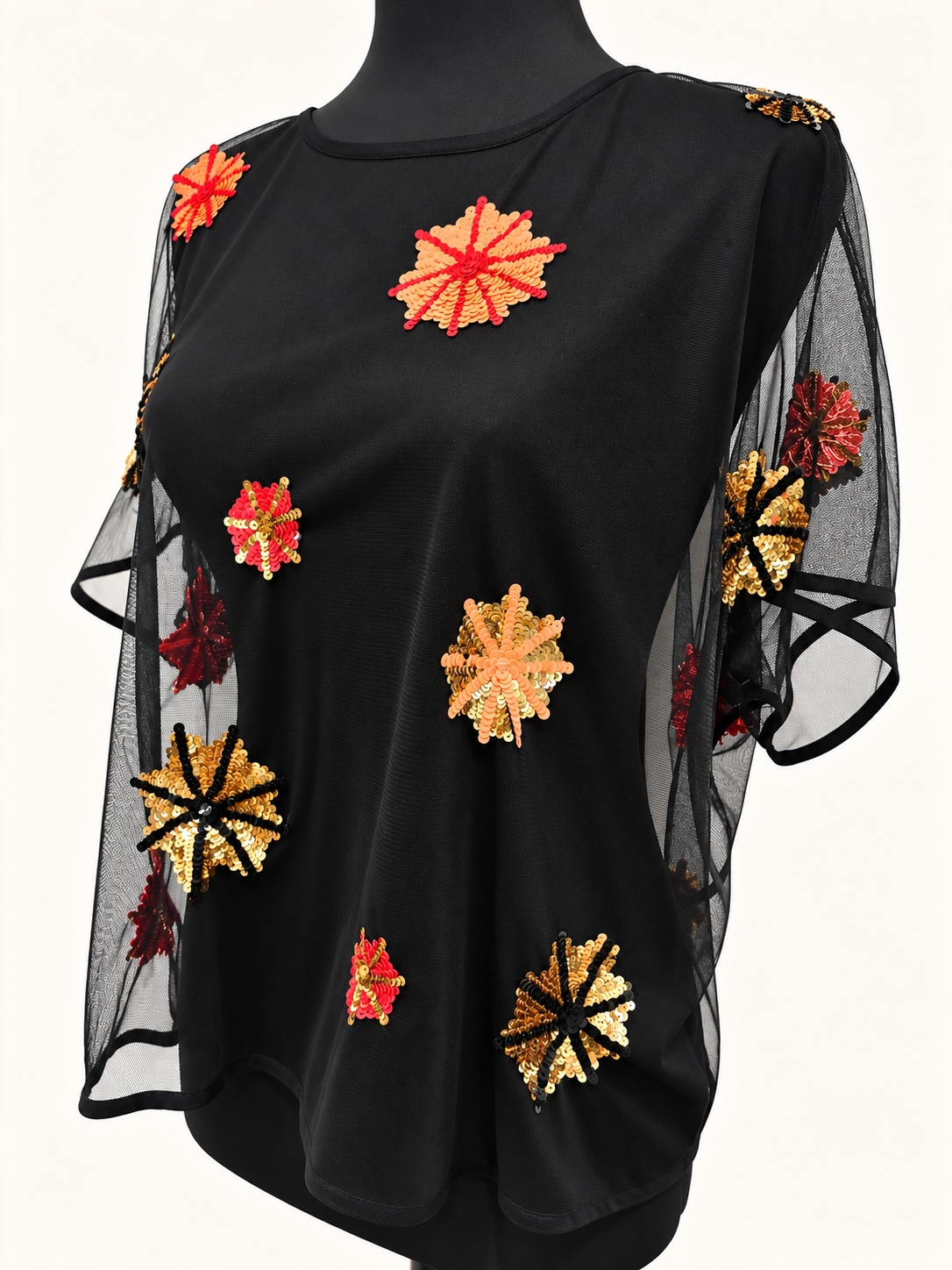 Black Sequin Starburst Mesh Top – Size M