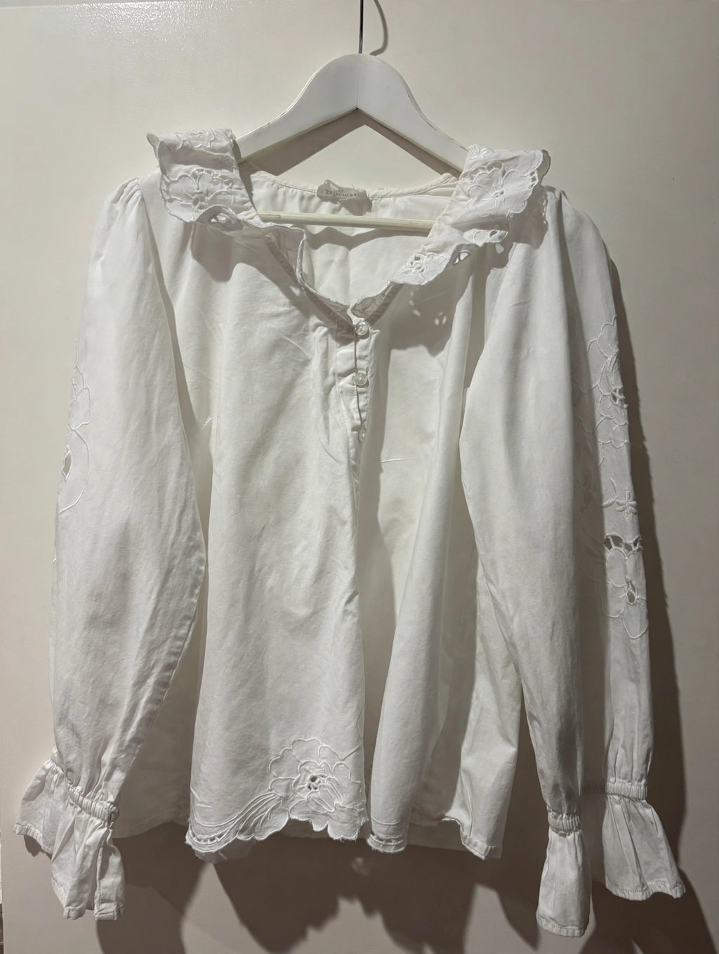 White Broderie Anglaise Blouse with Ruffle Collar