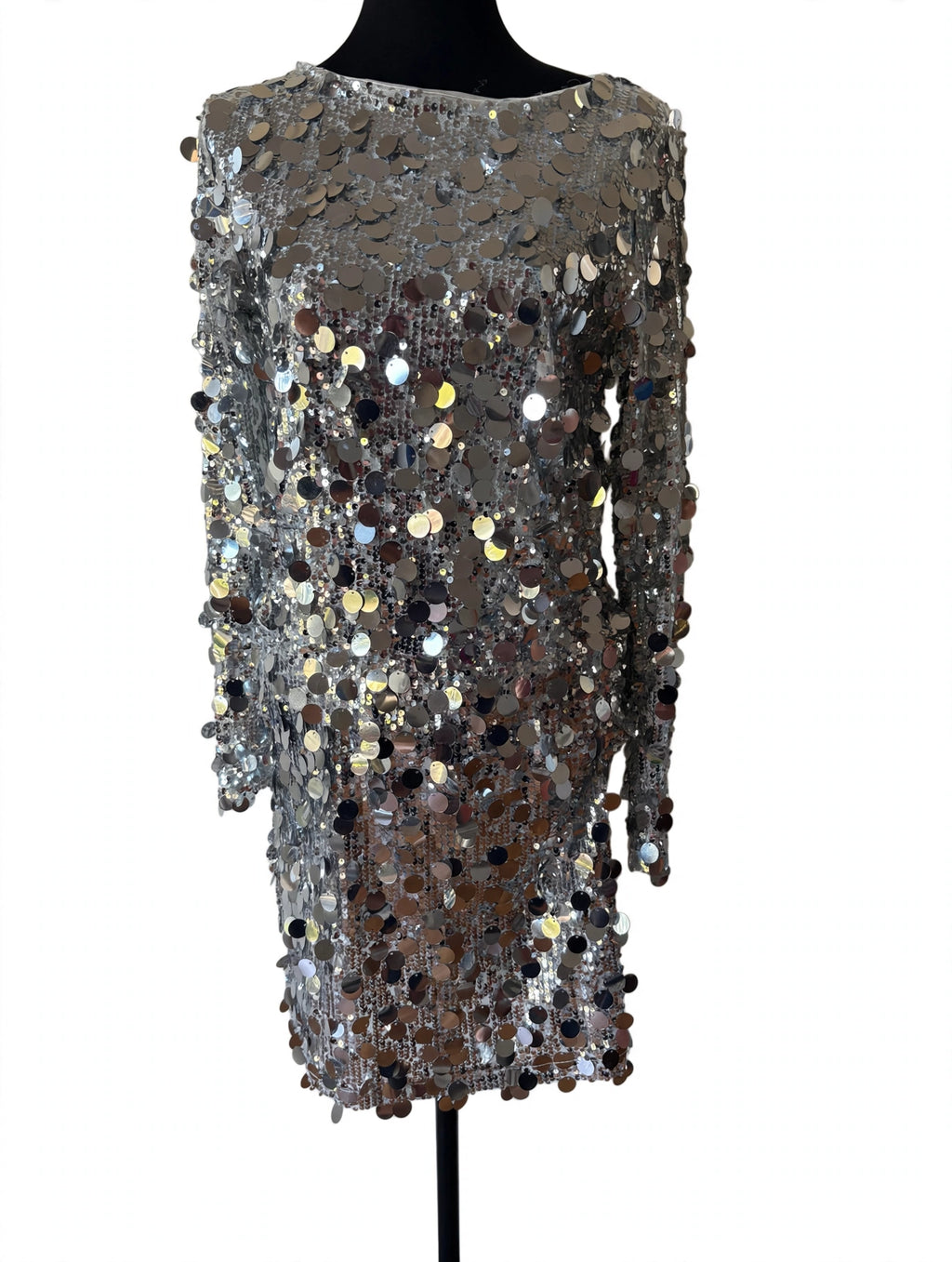 Boohoo Silver Disc Sequin Long Sleeve Mini Dress - Size 10