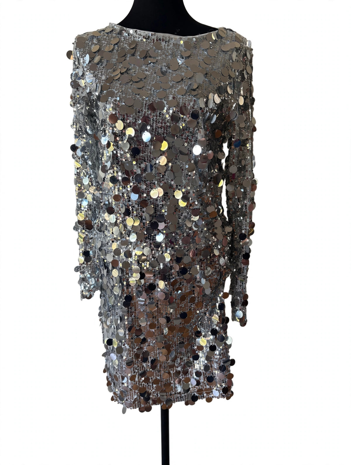 Boohoo Silver Disc Sequin Long Sleeve Mini Dress - Size 10