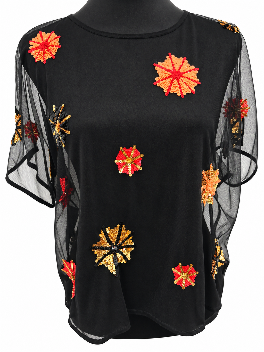 Black Sequin Starburst Mesh Top – Size M
