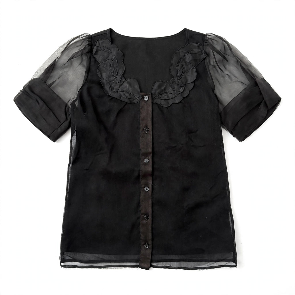 Stella McCartney Black Sheer Organza Blouse with Floral Appliqué Collar & Puff Sleeve
