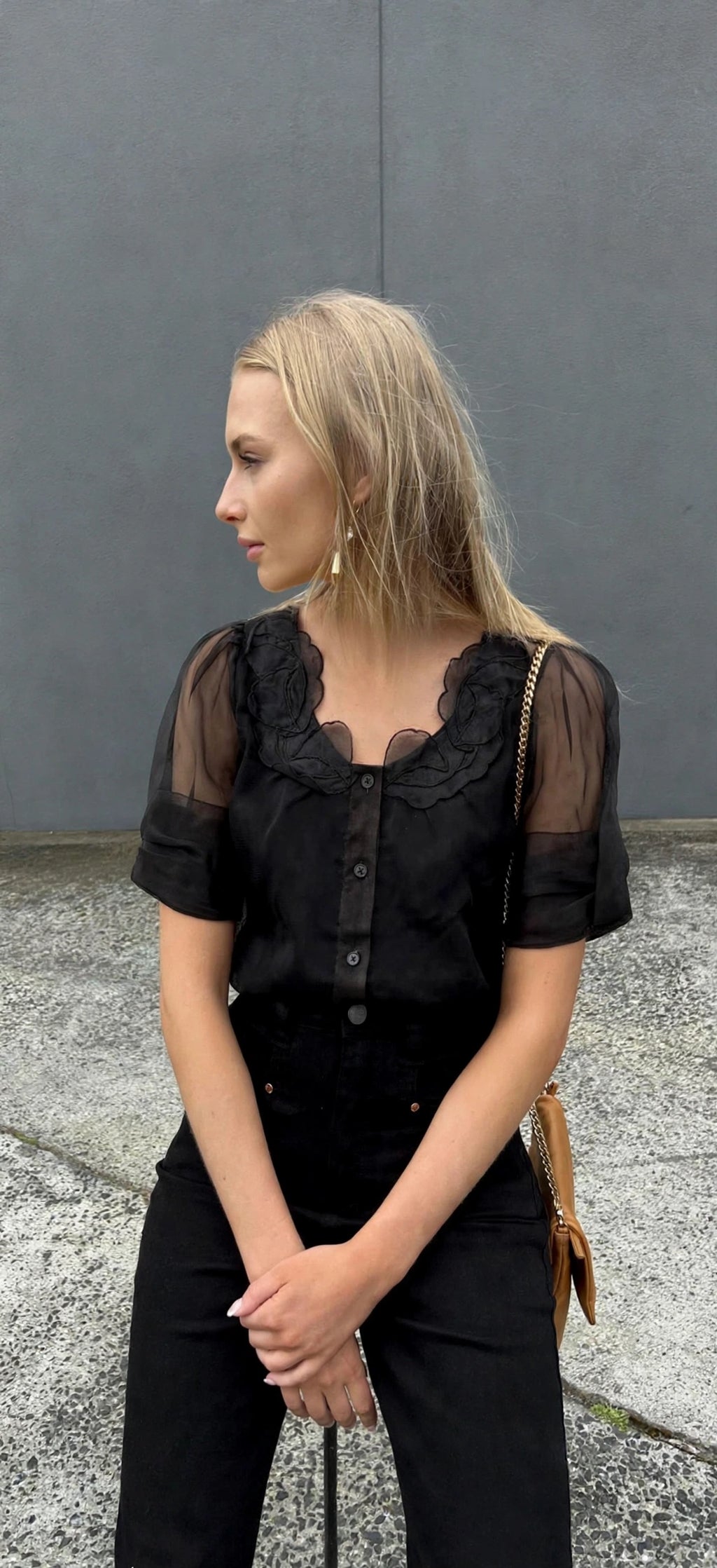 Stella McCartney Black Sheer Organza Blouse with Floral Appliqué Collar & Puff Sleeve
