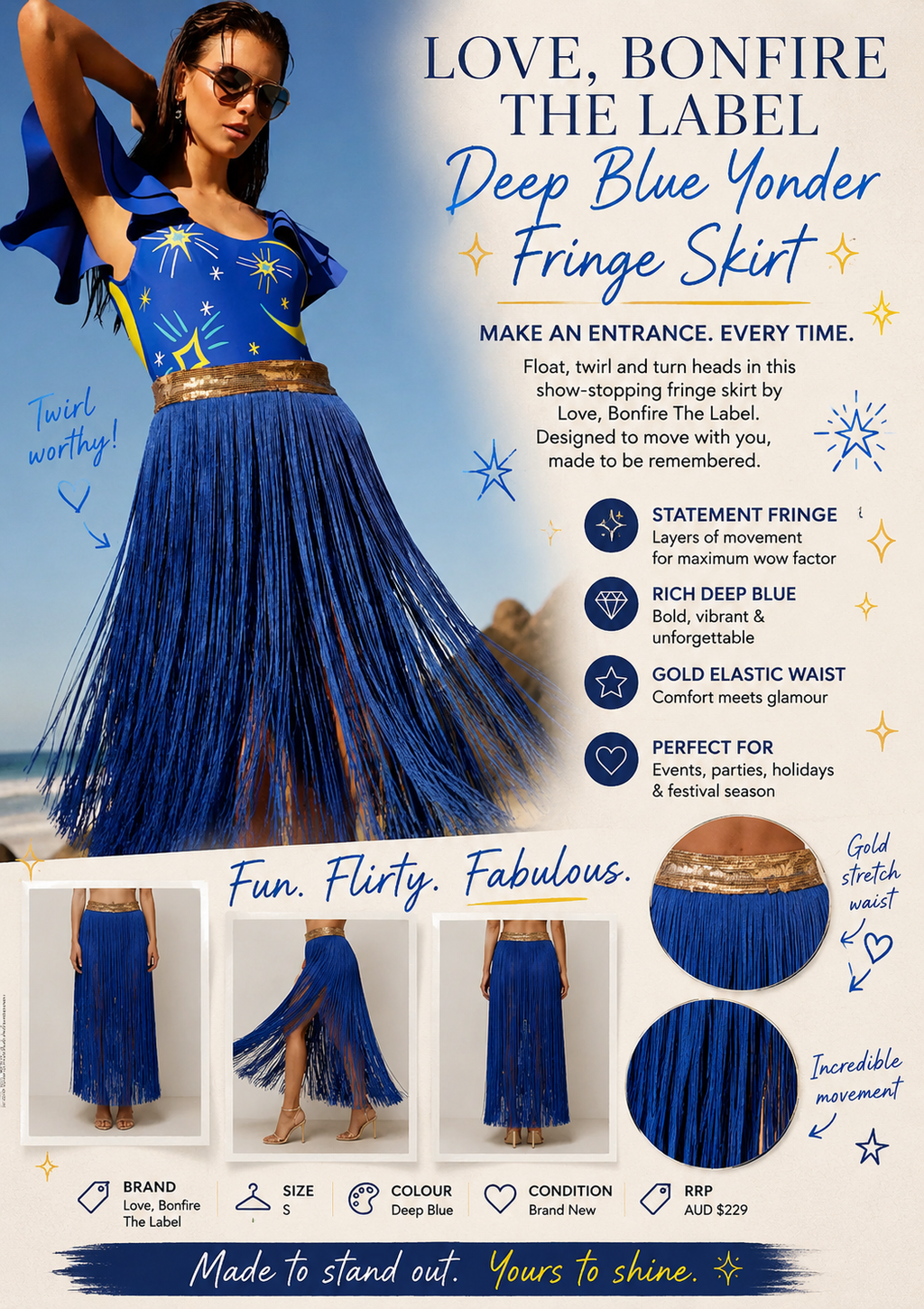 💙 Love, Bonfire The Label – Deep Blue Yonder Fringe Skirt