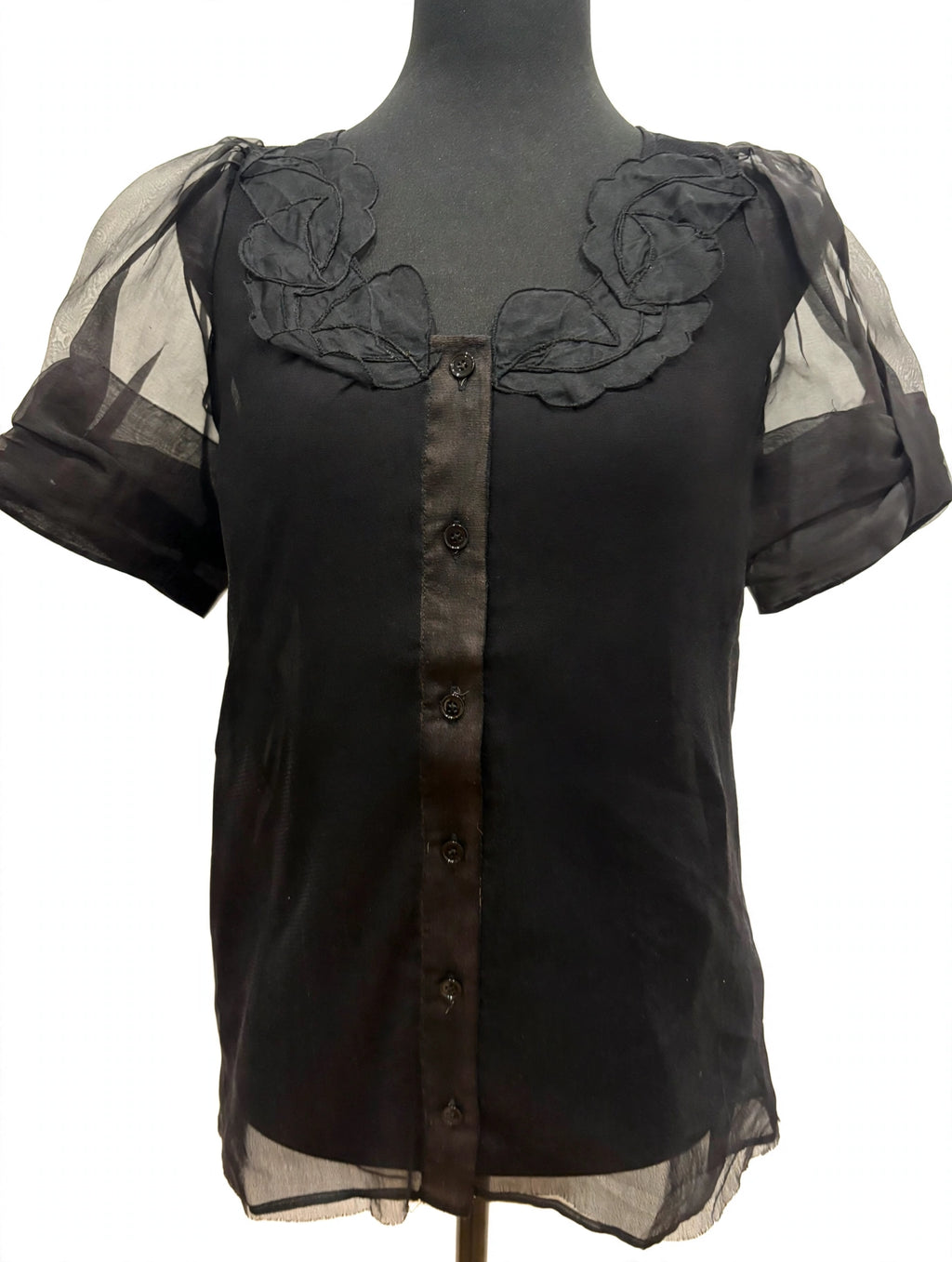 Stella McCartney Black Sheer Organza Blouse with Floral Appliqué Collar & Puff Sleeve