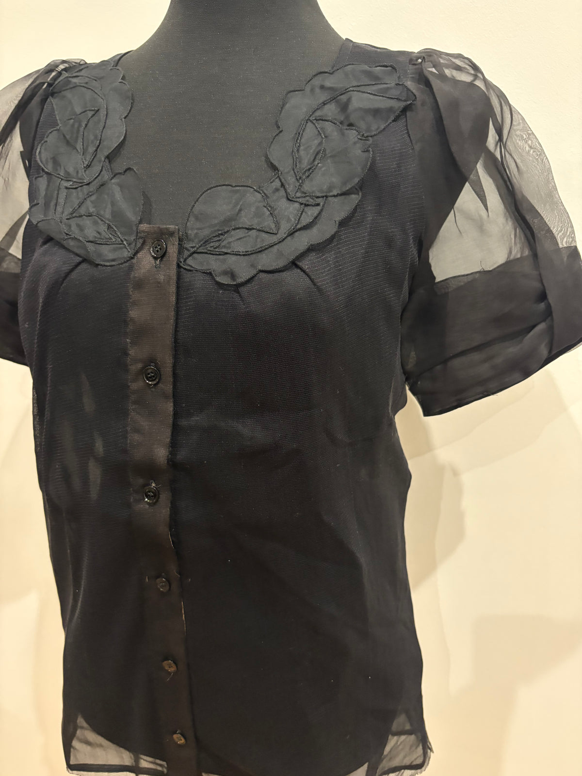 Stella McCartney Black Sheer Organza Blouse with Floral Appliqué Collar & Puff Sleeve