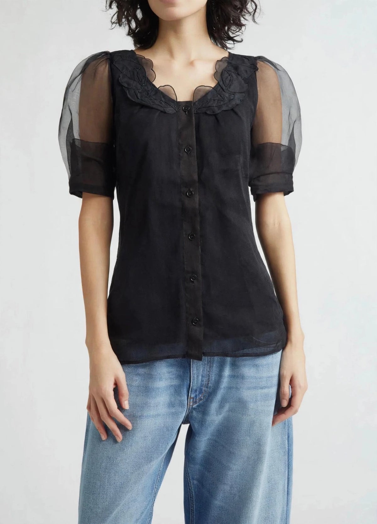 Stella McCartney Black Sheer Organza Blouse with Floral Appliqué Collar & Puff Sleeve
