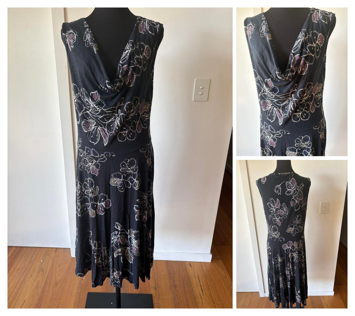 Black Sketch Floral Bamboo Cowl Dress — Size 14