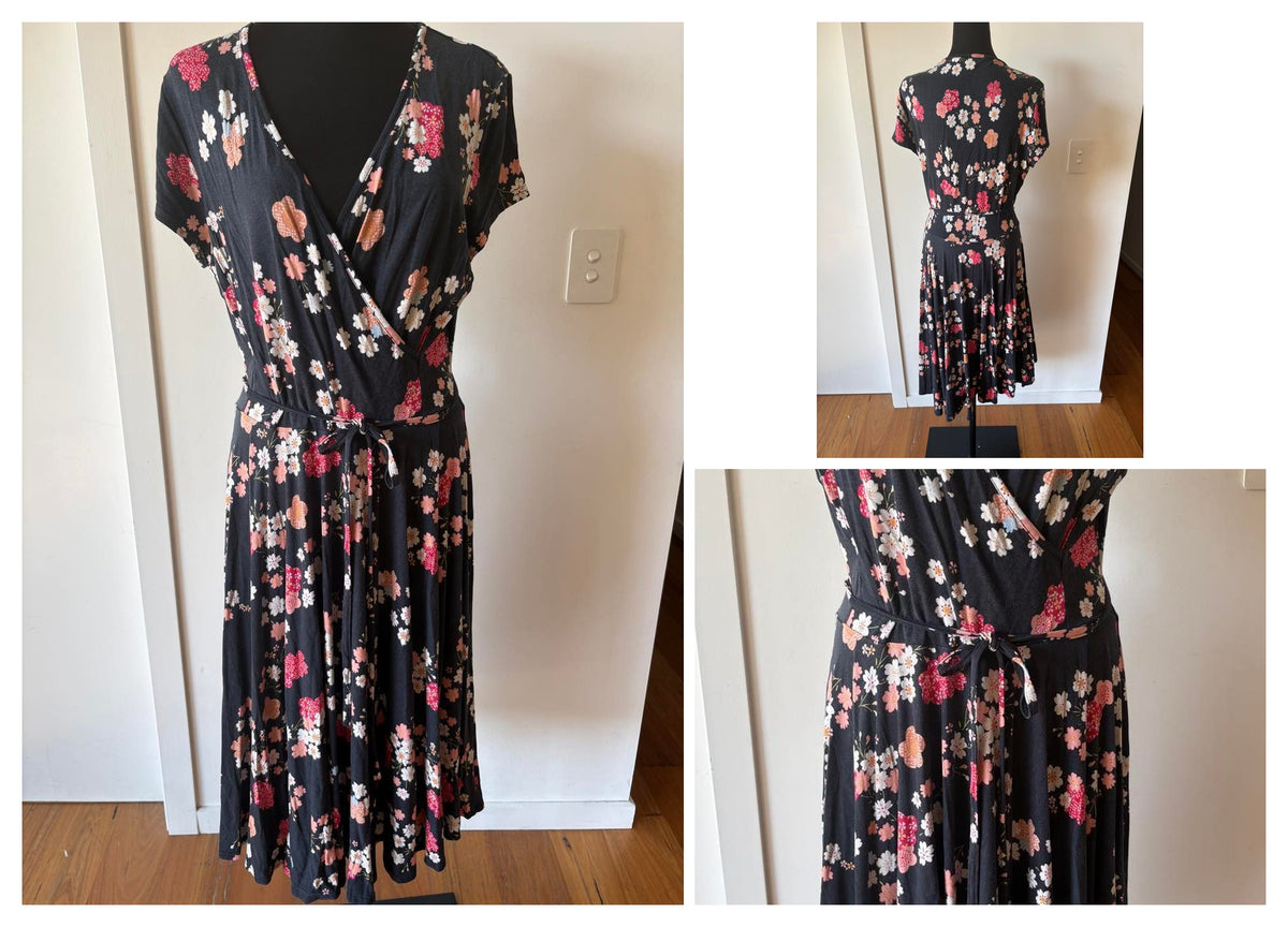 Black Cherry Blossom Bamboo Faux Wrap Dress — Size 14