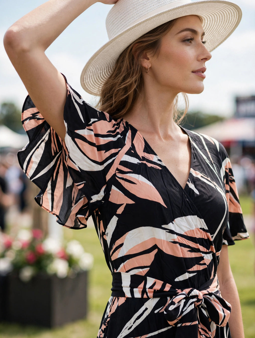 Country Road Wrap Dress - Size 12 - Black Palm Leaf - Race Day Ready