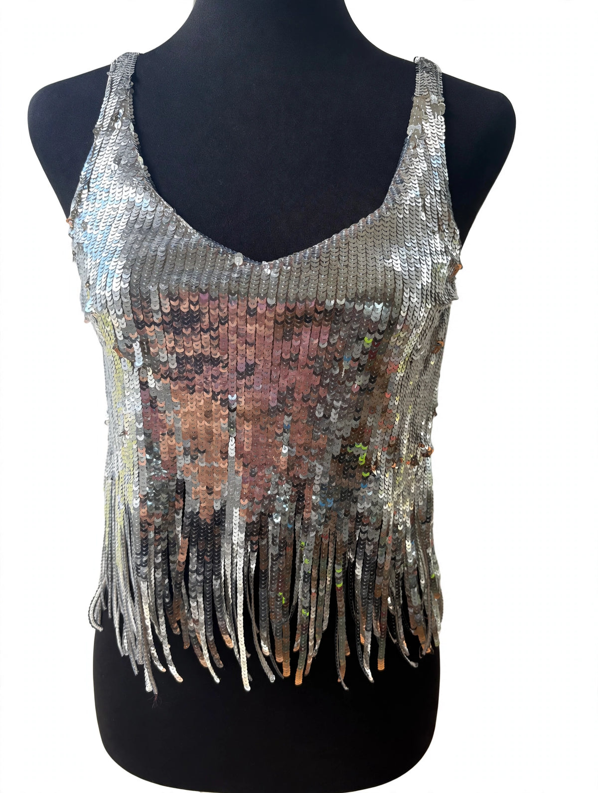 H&M Silver Sequin Fringe Cami - Disco Fringe Top / Festival Top