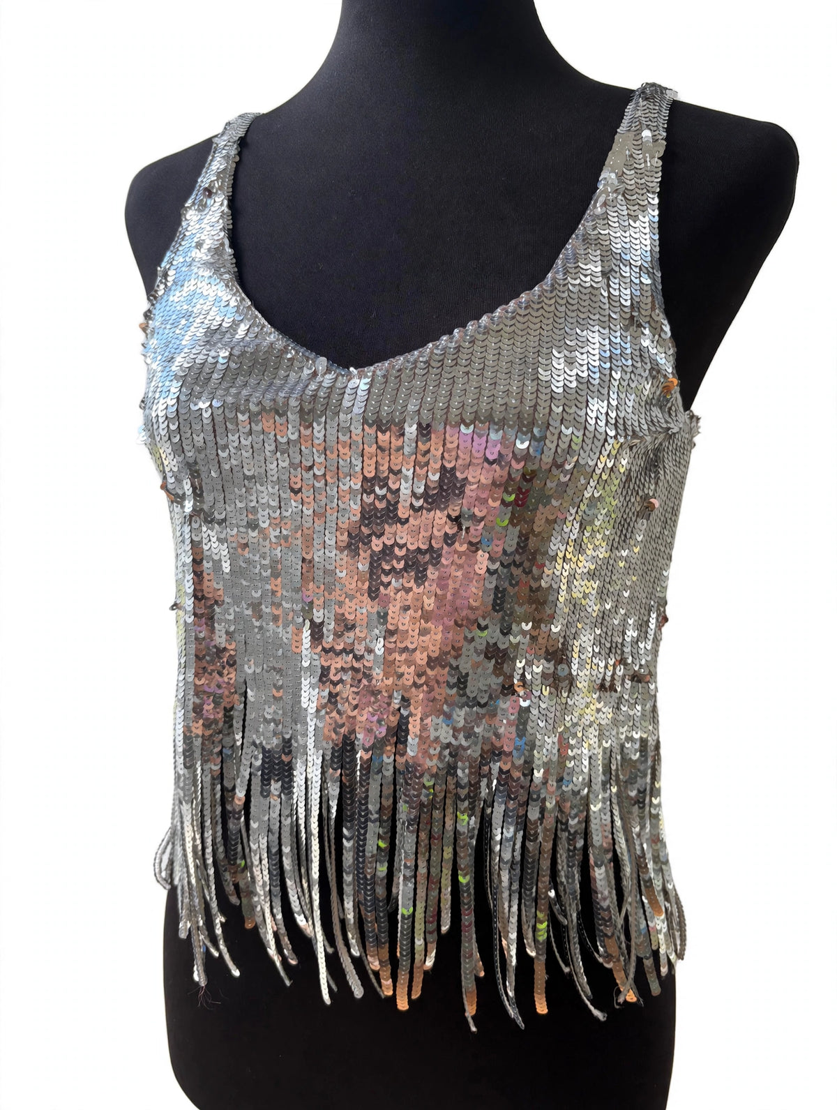 H&M Silver Sequin Fringe Cami - Disco Fringe Top / Festival Top
