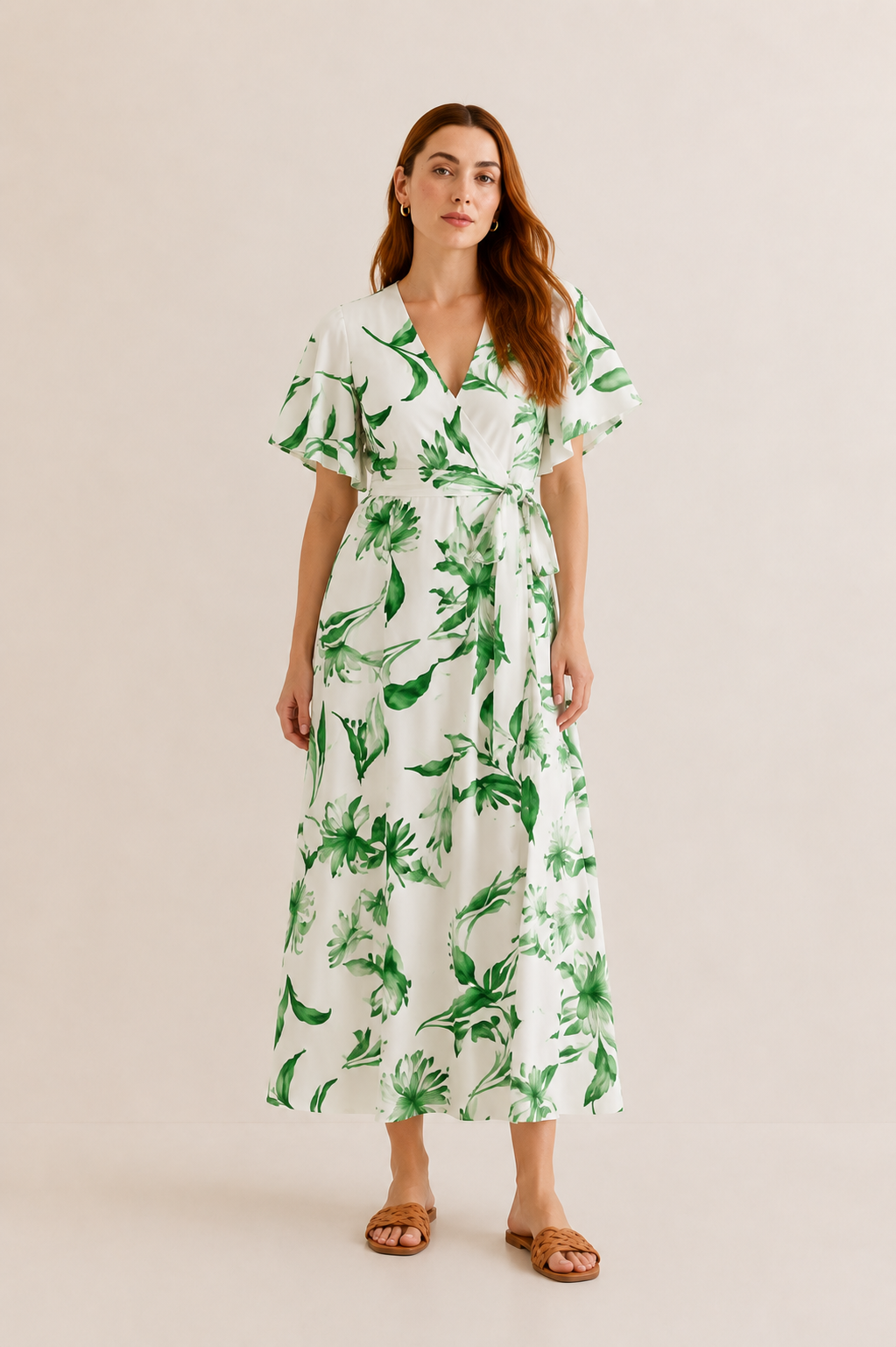 Cream & Green Botanical Floral Maxi Dress