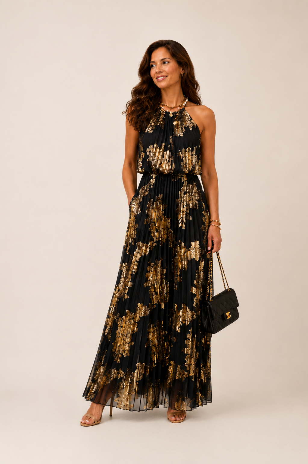MSK Metallic Pleated Halter Maxi Dress
Gold Foil Greek Goddess • Size 14