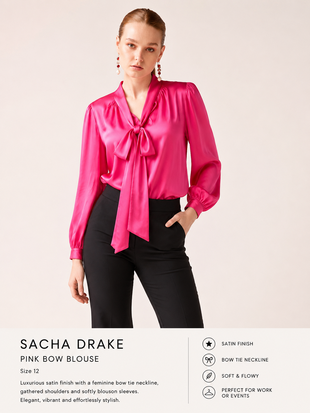 💕 Sacha Drake Pink Satin Bow Blouse – Size 12 💕